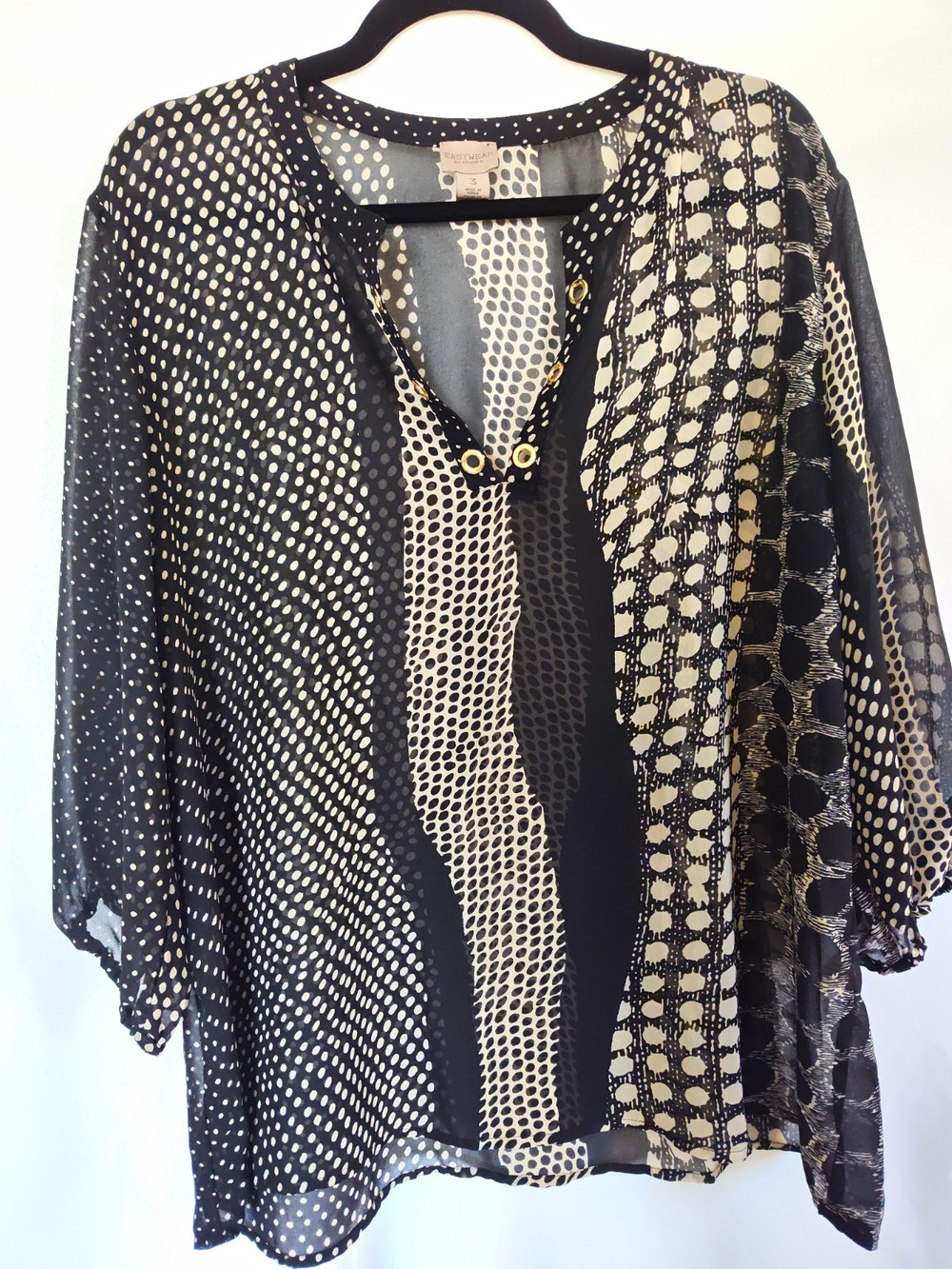 Chico's Womens 16 Regular Black White Polka Dot Sheer Chiffon V-Neck Blouse
